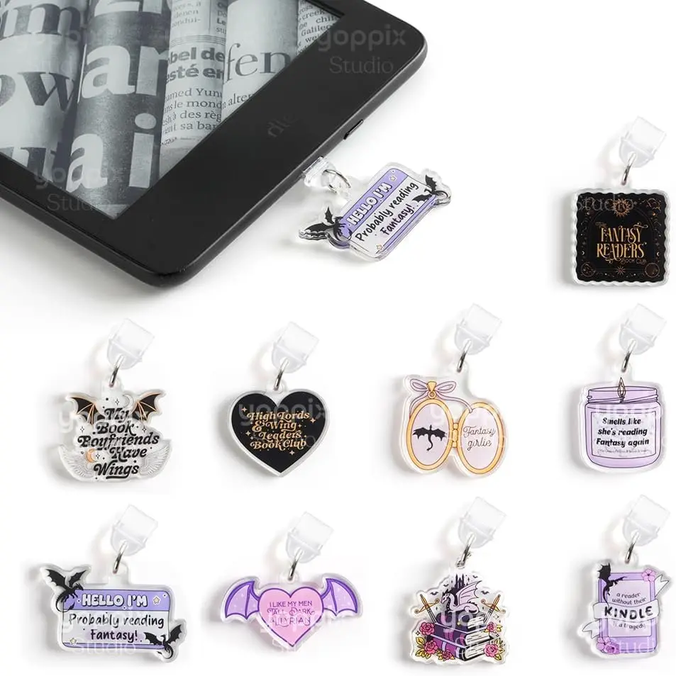 9 count Charms for E-Reader, About Funny Theme Dust Plug Charm Compatible with Type C  Port,  for Book Lover Readers Men Women Teachers Students, Accessories for E-Reader