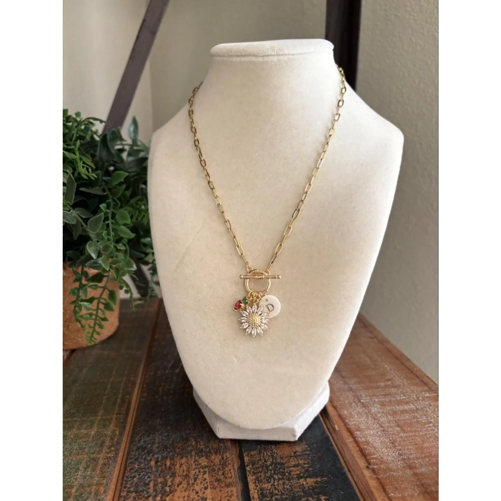 Gold Plated Paperclip Chain with 3 Charms and Toggle Clasp Closure Personalize with Initial Charm