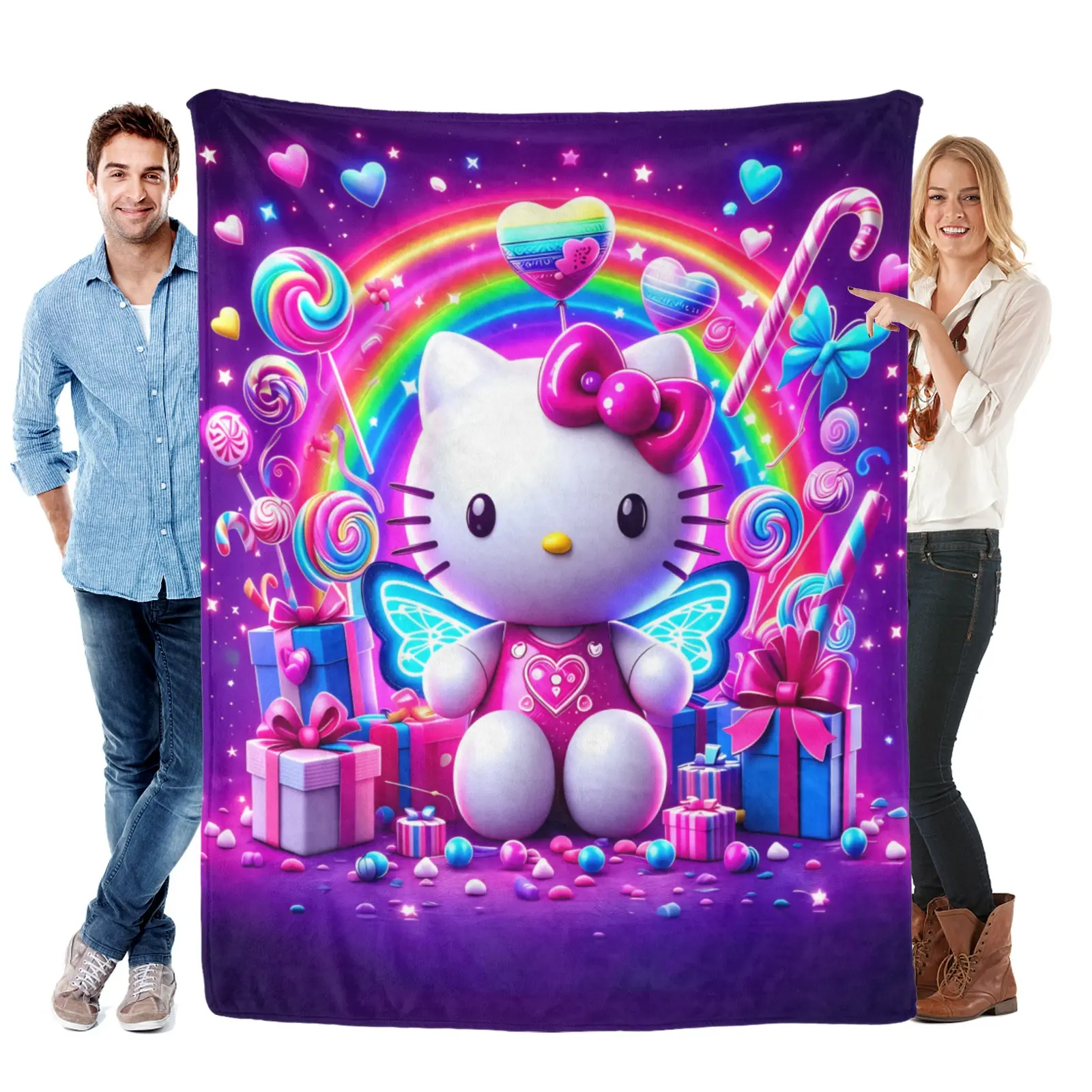 Sanrio HelloKitty Flannel Blanket, Soft Comfortable Adorable 2D Pattern Blanket for Sofa,Office, Car and Bed