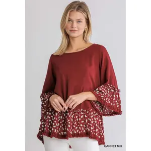 Umgee Linen Blend Animal Print Top with Frayed Hem