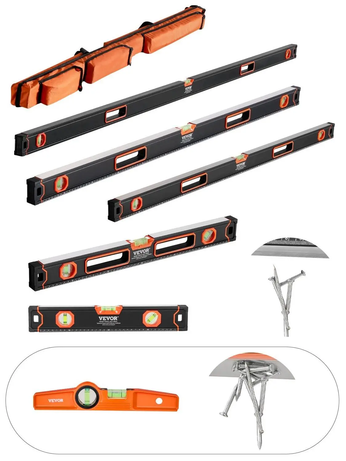 【Summerfinds】VEVOR 6-Piece Torpedo Level (Only 10-inch has magnetic),  78/48/32/24/16/10 Inch Box Levels Set, Bubble Vials Ruler for 45/90/180 Degree, Shock-Proof Aluminum Alloy Magnetic Leveler Tool, SAE/Metric Scale(Only 10-inch has magnet)