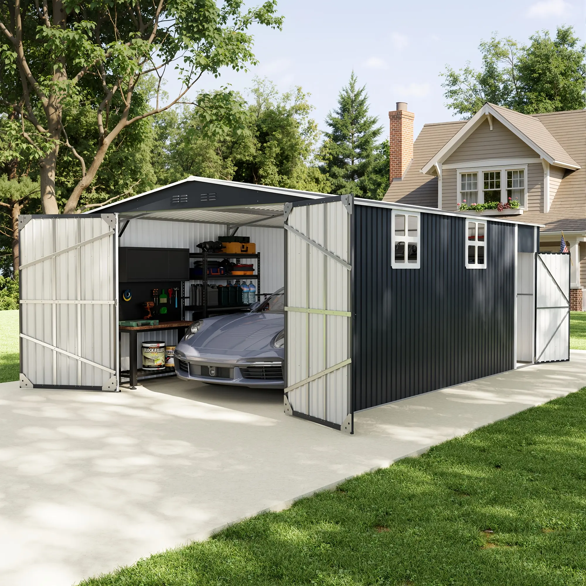 Heavy Duty Carport | 19.5X11.5 FT Metal, Garage Galvanized Car Shelter, with Enhanced Base Outdoor Garage Car Shelter for Pickup, Boat, Car And Tractors