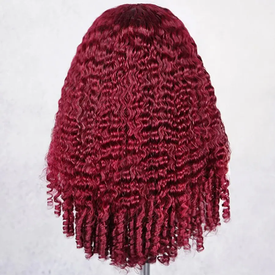 MYLOCKME 180 Density Glueless Burgudny Burmese Curly Human Hair Wigs With Elastic Drawstring Reay To Wear Red Colored 13x6 Lace Frontal Wigs Pre-cut Pre Plucked Reddish Brown Transparent Lace Frontal Human Hair For Wowen