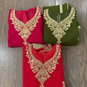 Georgette Handwork Salwar Kameez Suit Size 26-36 in Red & Green with Gold Embroidery Design