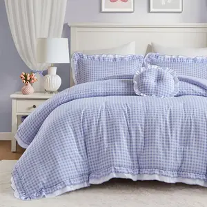 Rowena Full Comforter Set – Blue Gingham Ruffled Bedding, Vintage Farmhouse Style, Reversible All Season 4-Piece Bedding Set, Full/Queen, Gift for Her