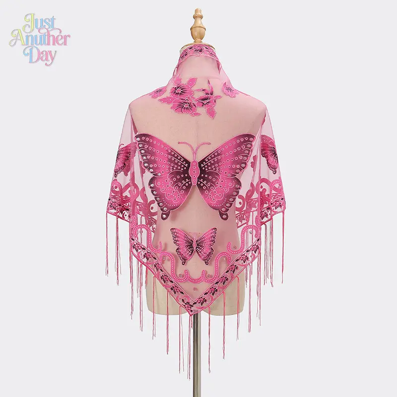 Pink Butterfly Lace Triangle Scarf, Sheer Mesh Shawl with Fringe Tassels, Floral and Butterfly Print, Elegant and Feminine, Wear as a Headscarf, Neck Scarf, or Shoulder Wrap, Ideal for Beach, Outings, and Special Occasions
