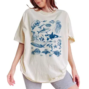 Vintage 90s Tattoo Sea Animal Tee, Retro Ocean Nature Graphic Tee Women, Marine Life Vintage Shirts, Sealife Shirts For Women, Beach Lover T-shirt, Unisex Retro Shirts, Menswear, Women's Tops, Womenswear, Cotton Fabric Relaxed Fit Chic Style