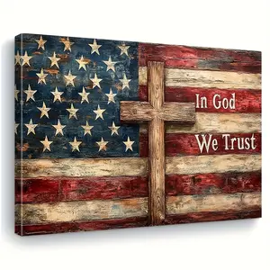 Vintage American Flag and Cross Canvas Painting -  Patriotic Christian Wall Art with Red, White, Blue Colors - Farmhouse, Living Room, Office Decor