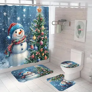 Christmas Themed Bathroom Accessories, 4 Countsset Including Shower Curtain & Toilet U-shape Mat & Bath Mat & Toilet Lid Cover, Bathroom Decorative Supplies