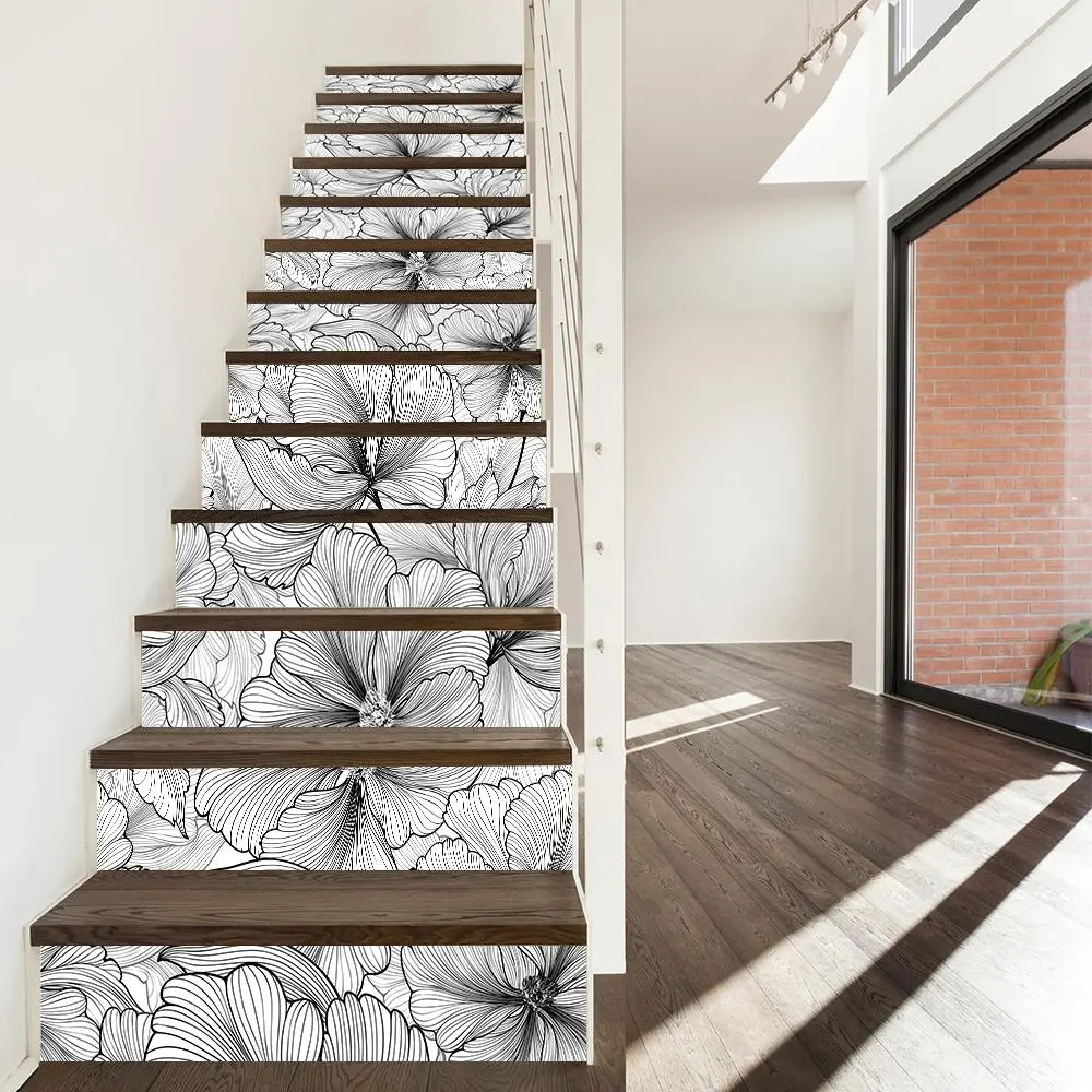 Flower Pattern Stair Sticker, 13pcs/set Waterproof Wall Sticker, Decorative Sticker for Home, Floral Pattern Sticker, Wall Art Stickers, Decoration Items