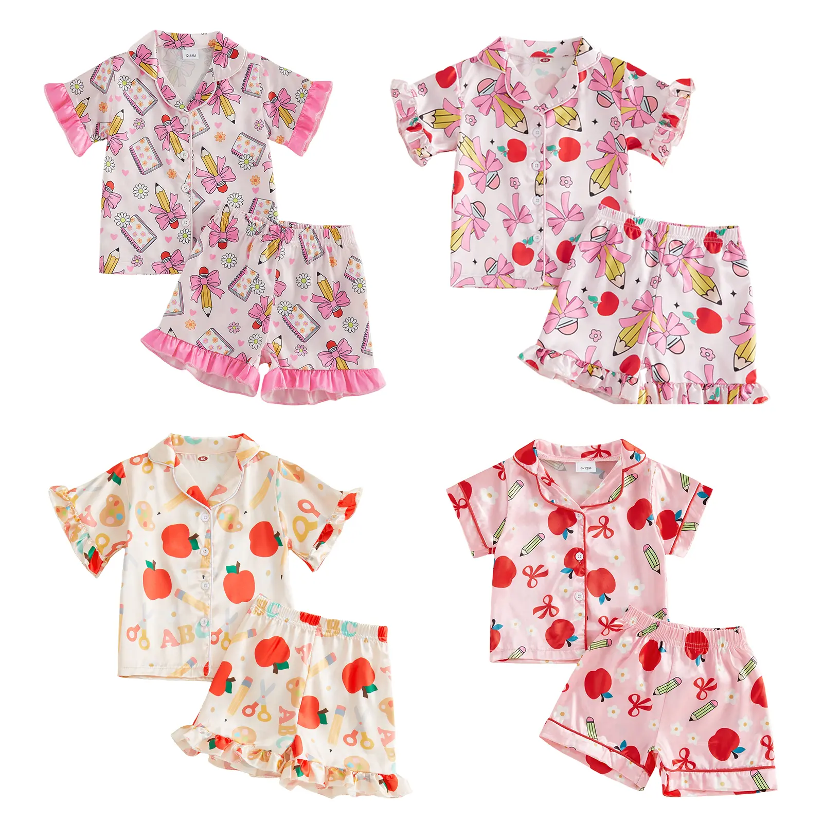 Toddler Girl Back to School Silk Pajamas Short Sleeve Apple Pencil Bow Print Shirt+Shorts First Day of School Outfit