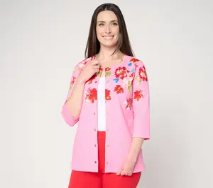 Quacker Factory Floret Printed 3/4 Sleeve Cardigan