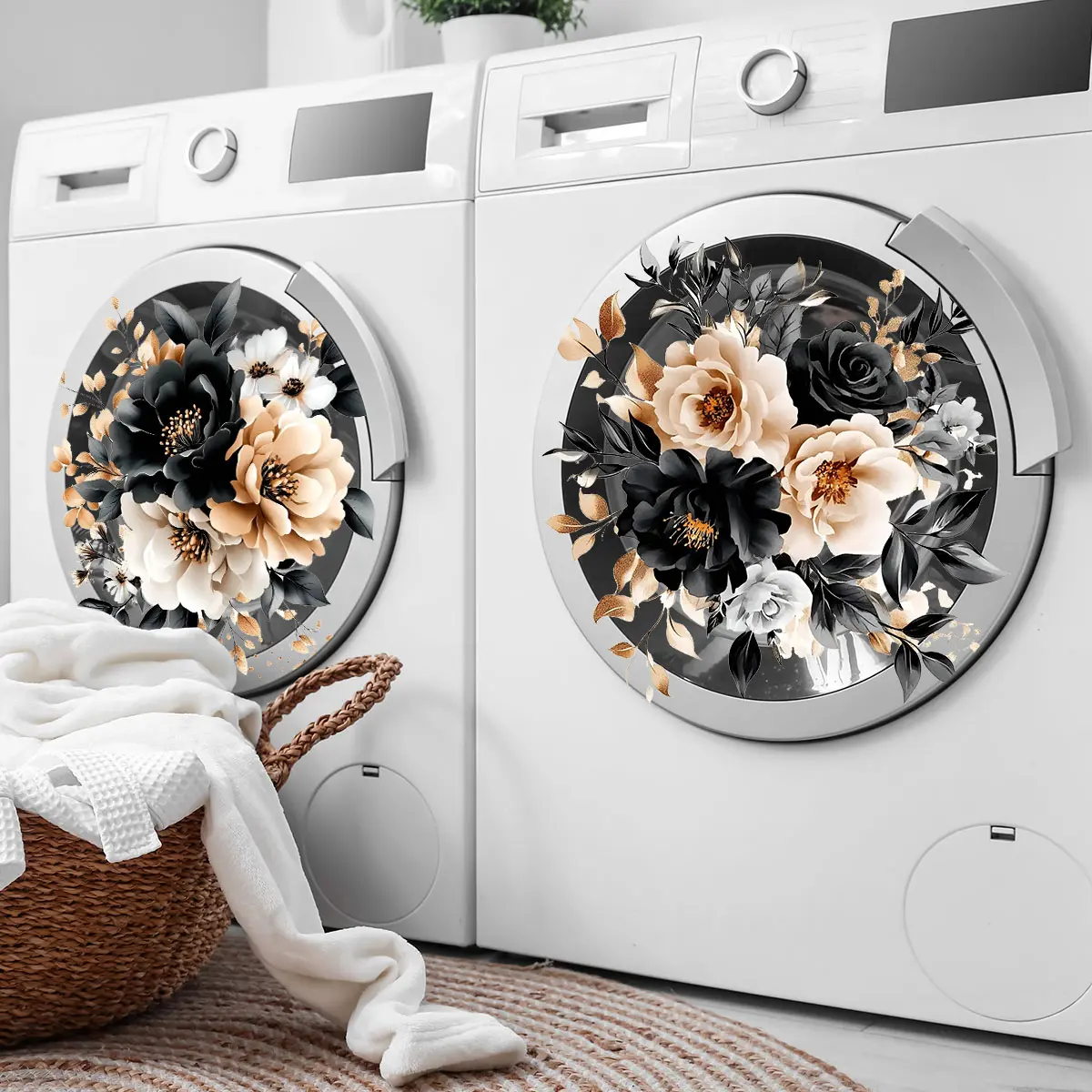A set of two (30*30cm*2pcs) new black and gold color matching floral glass stickers, double-sided visible, suitable for kitchen, laundry room Decoration Items, background wall stickers and window stickers (CT3051-YL)