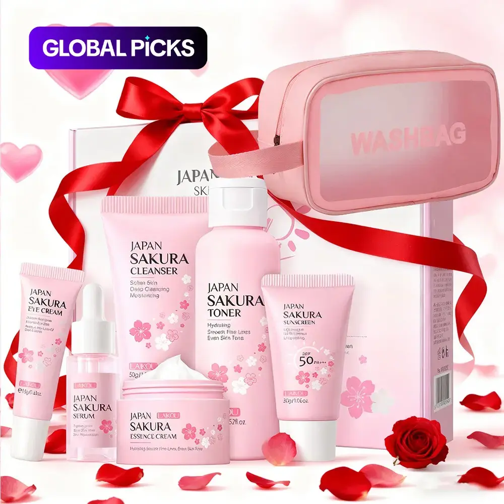 Sakura Skincare Gift Set, Glowing Skin Kit, Gentle Hydrating Skincare with Niacinamide, Hyaluronic Acid, and Vitamin C for Daily Cleansing and Moisturizing, Holiday Gift for Her, Skin Care Sets #GLOBAL PICKS
