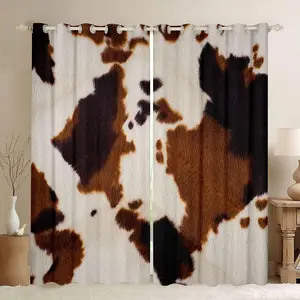 Feelyou Grommet Curtains, Western Brown-White Cowhide Cow Print Fur Drapes, Rustic Farmhouse Bedroom Decor, Curtain Rod Compatible