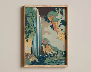[UNFRAMED POSTER] Japanese waterfall print, Hokusai landscape art, Ukiyo-e nature poster, Vintage Japan decor, Traditional woodblock print
