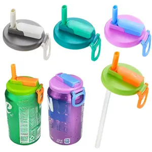 4-Pack BPA-Free Soda Can Lids with Straw - Reusable Lids for Seltzer, Juice & Beverage, Silicone Straws Included Drink Covers Children's Day