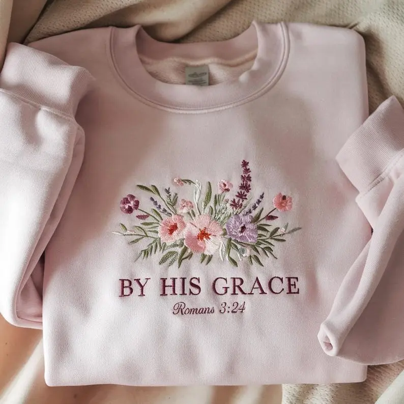By His Grace Embroidered Sweatshirt, Romans 3:24 Floral Crewneck, Wildflower Embroidery Pullover, Inspirational Pink Sweatshirt