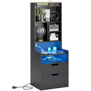 Sikaic LED Tall Nightstand with Bookshelf Charging Station Black Modern Bedside Table with RGB LED Lights & Storage Drawers - Tabletop Design