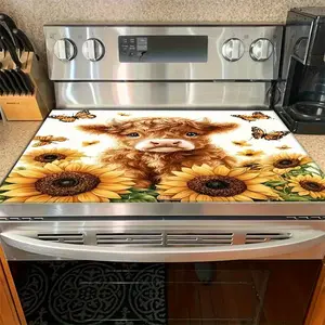 1pc Scottish Highland Cow & Sunflower Non-Slip Appliance Cover - Heavy-Duty Neoprene-Like Chloroprene Rubber Stove Protector, Microwave Pad, Stovetop Cover & Laundry Room, Cute Scottish Cow & Sunflower Decor Easy-Clean