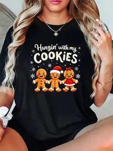 Women's Christmas T-Shirt, Funny 'Hangin' With My Cookies' Gingerbread Graphic, Casual Relaxed Fit Style, 100% Cotton Short Sleeve Top