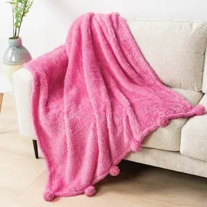 PAVILIA Sherpa Throw Blanket for Couch, Warm Plush Pom Blanket Throw, Fuzzy Sofa Throw, Lightweight Soft Cozy Fluffy Blanket with Pom Poms