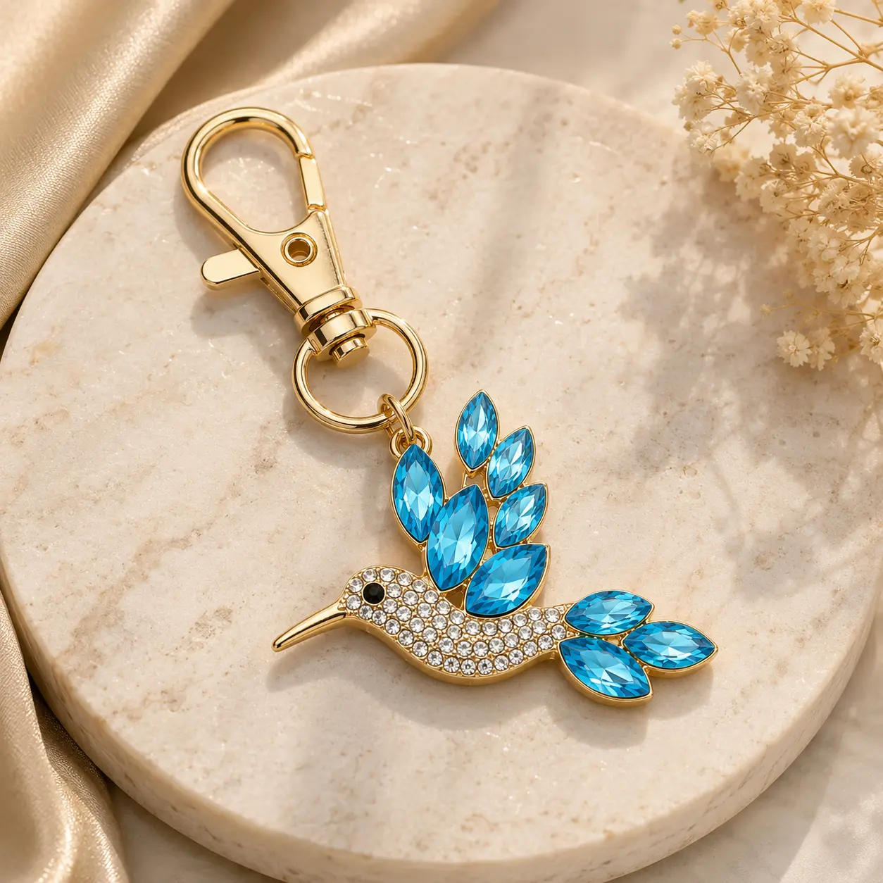 Blue Hummingbird Decorative Metal Keychain with Crystal-Style Accents
