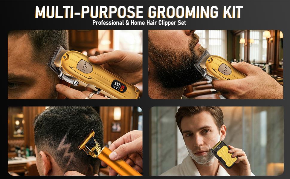LQT All-In-One Gold Men's Hair Cutting & Grooming Set, Cordless Rechargeable Hair Clipper, Precision Trimmer & Shaver with Smart LCD Screen, Complete Home Barber Kit with All Accessories, Save Money on Barbers for All Ages & Daily Grooming Needs
