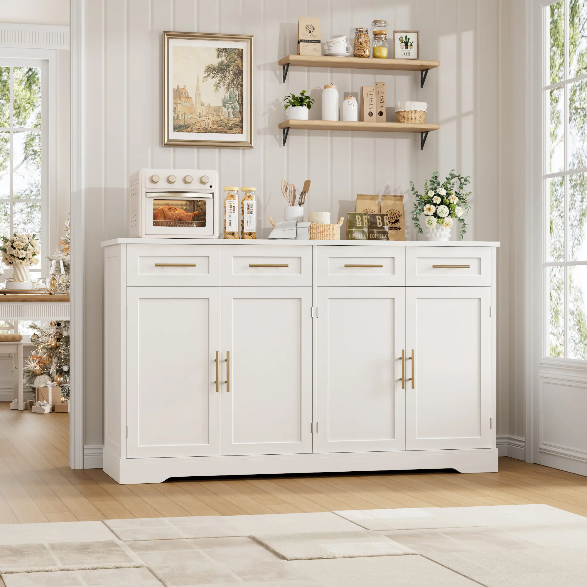 【2-package shipping 】HOSTACK Modern Sideboard with 4 Drawers for Storage, Gold Handles, Modern Home Decor Kitchen Buffet Cabinet, Coffee Bar Table for Dining Room