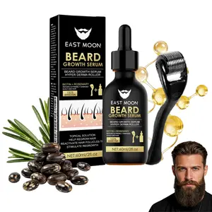 EAST MOON Beard Growth Serum Kit, 60ml Beard Care Oil with Derma Roller, Infused with Biotin & Rosemary Oil, Nourishes & Strengthens Facial Hair, Ideal for Men’s Daily Beard Care