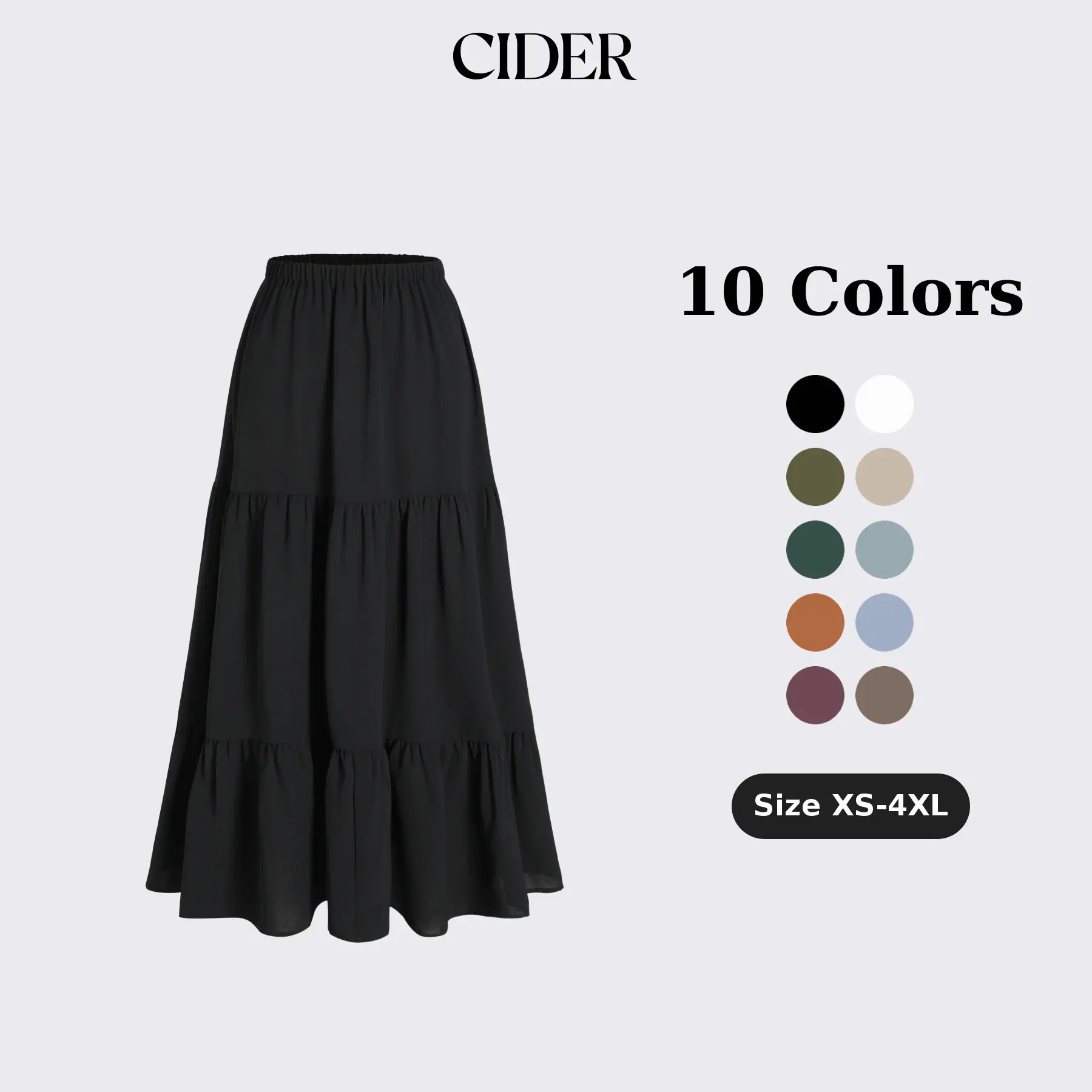 Cider Solid Elastic Waist Ruffle Hem Tiered Maxi Skirt
