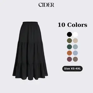 Cider Solid Elastic Waist Ruffle Hem Tiered Maxi Skirt