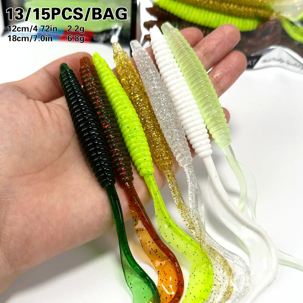 13/15pcs long wavy tail soft bait, mixed color tail swinging bait, knife tail soft worm bait - soft worm silicone artificial bait Soft Fishing Lure Fishing Equipment