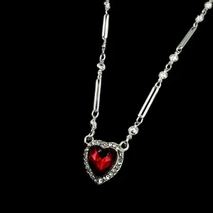 Pierceable Silver Red Heart Crystal Chain Necklace