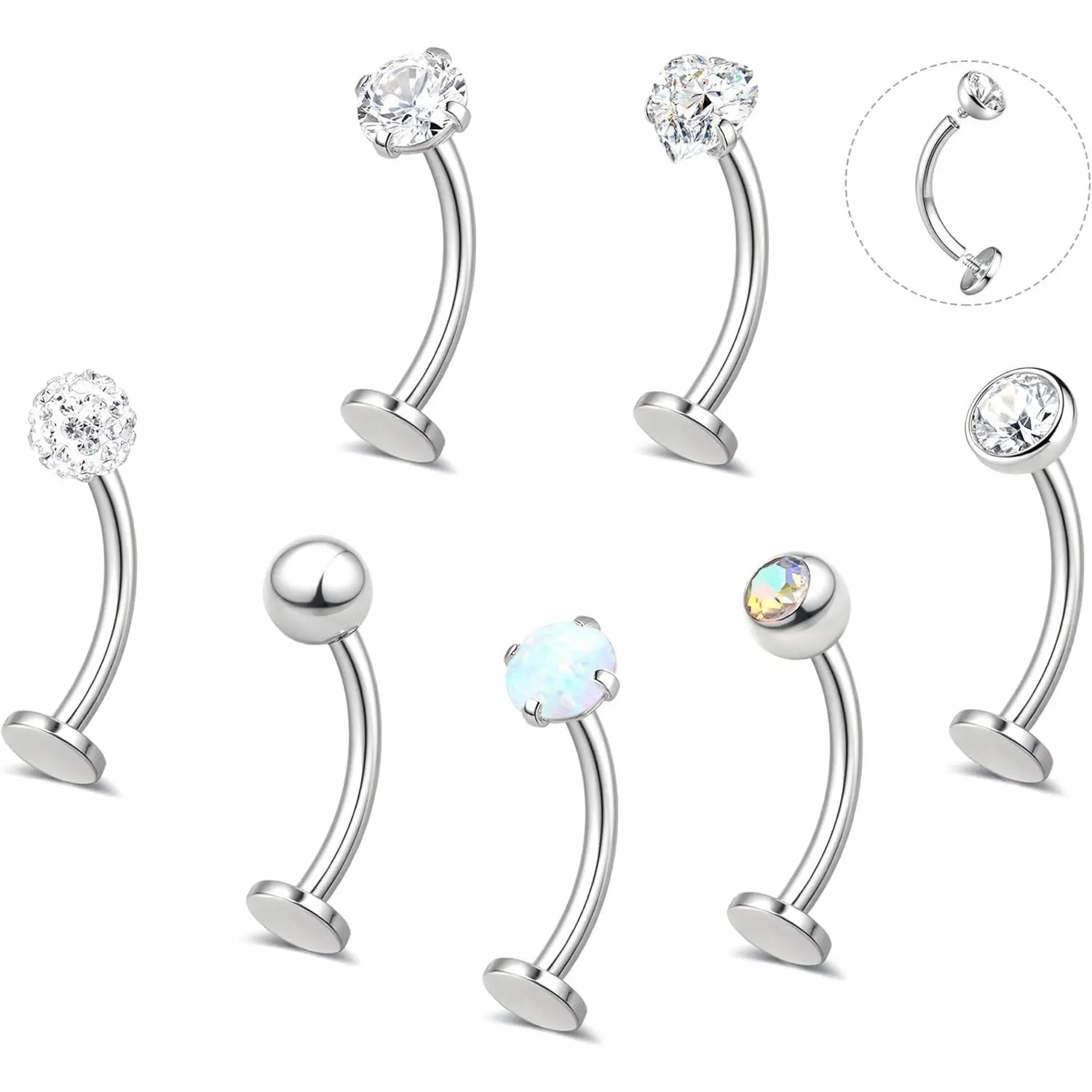 Women's Modern Floating Button Navel Rings Set - 7-Piece Surgical Stainless Steel Internally Threaded CZ & Opal Barbells, 8-16mm, Everyday Wear Female Body Jewelry, Navel Barbells