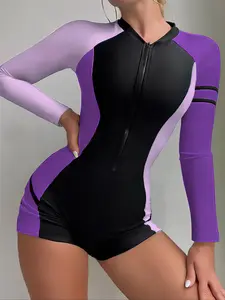 Women's Colorblock Zip Up Raglan Sleeve Diving Suit, Breathable Comfy High Stretch Long Sleeve One-piece, Professional Diving Suit for Women Swim Bodysuit, High Stretch Swimwear