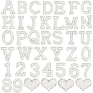 40PCS Pearl Rhinestone Letters Numbers Patches Self Adhesive Alphabet A-Z Glitter Number 0-9 Heart Pearls Repair Patch Stickers for DIY Clothing Bags Backpacks Crafts Decor