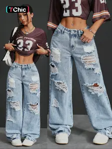 Women's 2026 New Denim Jean Ripped Design Trendy Fashion Wide Leg Fitted Pants Straight Tube Washed Craft Long Trousers