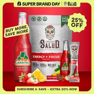 Salud x Jarritos 2-in-1 [Energy + Focus – Fruit Punch] Clean Energy Drink Mix, Agua Fresca, Organic Caffeine, B6 & B12, L-Theanine, Drink Packets, Non-GMO, Gluten Free, Vegan, Low Calorie, 1g Sugar (15 Servings),summerwins