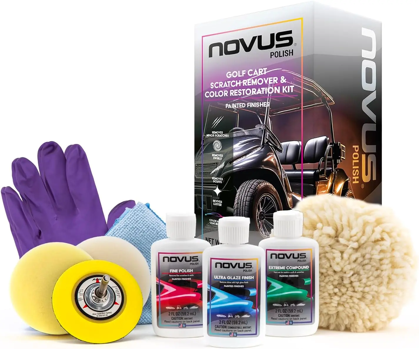 Novus Polish Golf Cart Painted Surface Kit - Manufacturer Warranty, Cut & Polish Compound, Liquid Formula, Surface Prep Tool for Efficient Maintenance, Old Paint Remover, Golf Cart Kit