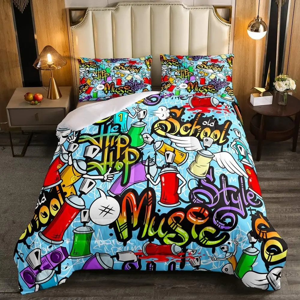 Feelyou Hip Hop Graffiti Bedding Set - Breathable Soft Blanket, Lightweight Grunge Watercolor Duvet for Teens