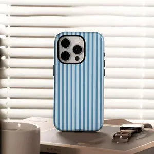 Retro blue striped rugged 2-in-1 phone case, featuring a durable, shock-absorbing, and stylish design. Compatible with Compatible with iPhone 11, 12, 13, 14, 15, 16, 17 Series, Samsung Galaxy S21, S22, S23, S24, S25, S26,Trendy and Protective Case for Eve