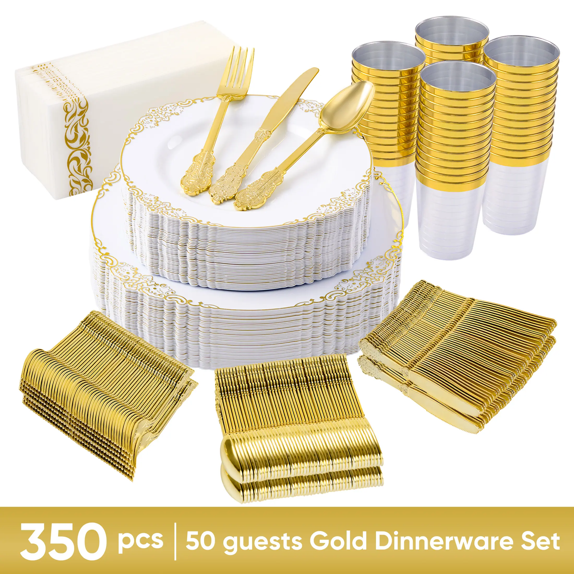 Thick Bulk Retro Style Disposable Plastic Dinnerware Set (350Pcs for 50 Guests) - Gold, Silver, Black, Blue, Pink Vintage Rim Plates, 10oz Rim Cups, Printed Napkins, Cutlery - BPA-Free Home & Party Supplies for Weddings, Birthdays