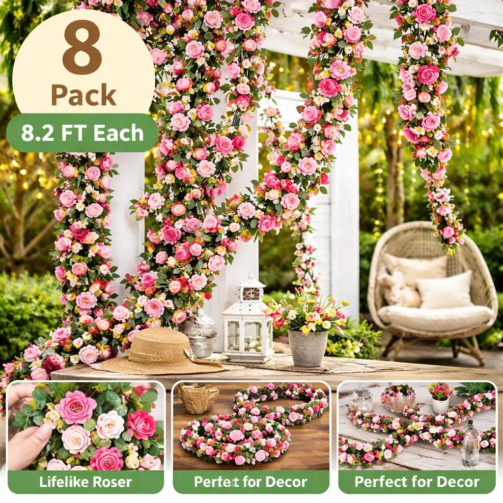 8pcs Removable Plastic Fluffy Look Artificial Rose Vine Garland - 66ft Outdoor Indoor Decorative Fade Resistant Decor, 8.2ft Hanging Garland with Green Leaves, Valentines Day Ornaments for Wedding Wall Arch, Room Wall Decoration - Pink Removable Roses