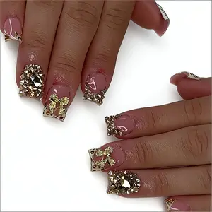24Pcs Ballet French Press On Nails Nude Pink Sweet Golden Bow Sparkle Diamond Fake Nails Set with Jelly Glue & Nail File Cute Acrylic False Nails for Women Daily Party Manicure Accessories