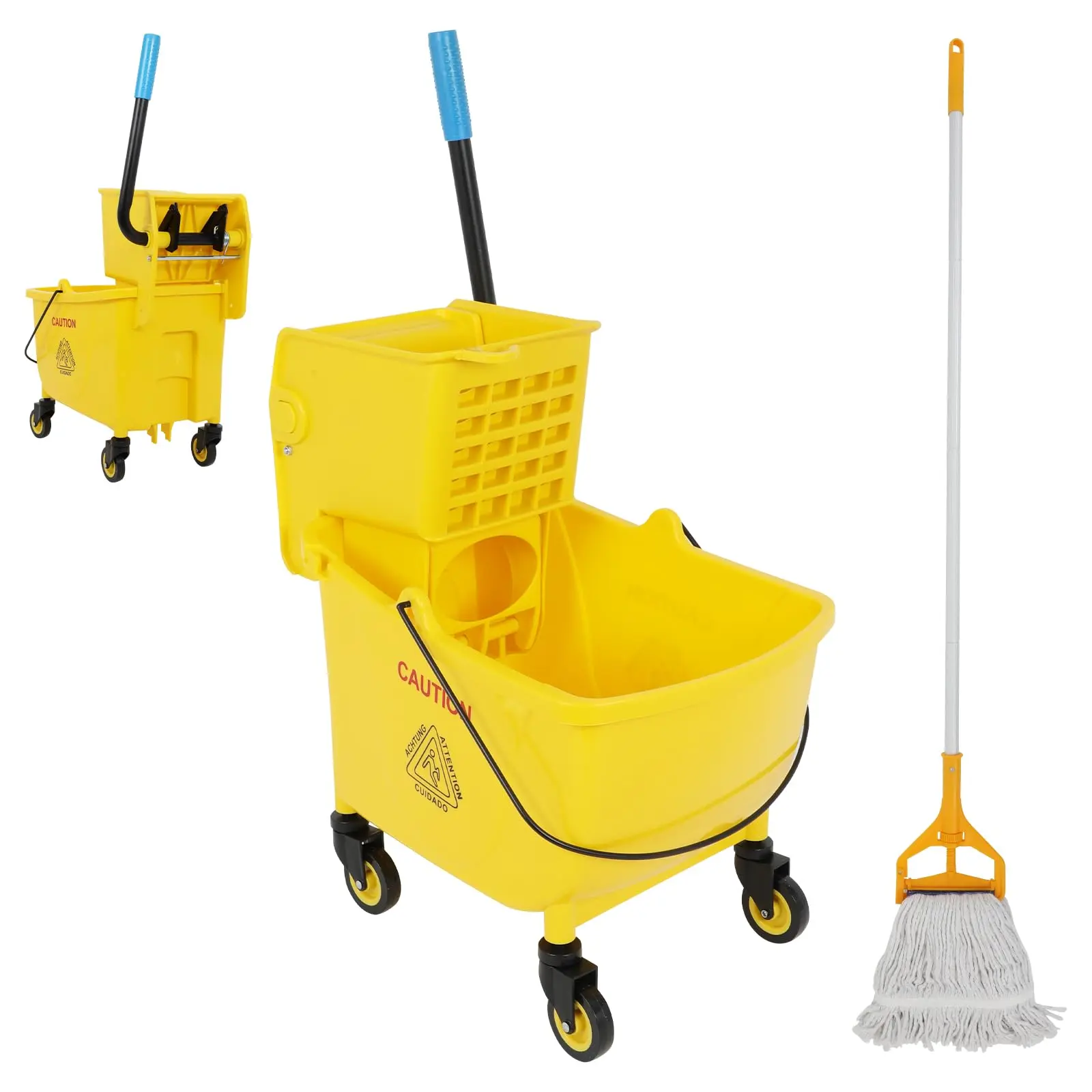 Commercial Wheeled Mop and Bucket Set (35Qt Yellow), Side Press Wringer, Self-Drying Microfiber Mop System with Handle, Head, Refills, Pads, Cleaning Supplies for Floor Mopping, Home Essentials Microfiber Mop Refills Microfiber Mop Pads