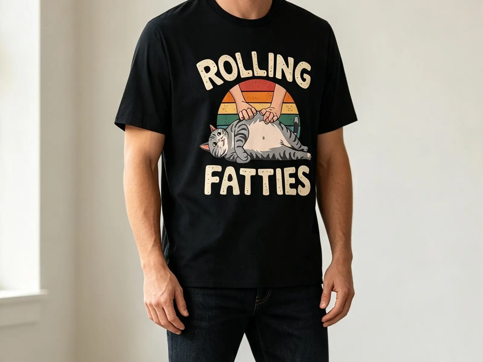 Men's 100% Made in USA Short-Sleeve Round Neck Soft Cotton Rolling Fatties Cat Graphic T-Shirt - Retro Funny Cute Menswear Top for Cat Lovers, Casual All-Season Apparel Tshirt Streetwear Crewneck Tropical Shortsleeve Operator