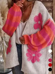 Women's Floral Jacquard Cardigan, Button Front Open-Front Sweater Coat, Casual Fashion Outerwear for Spring & Fall Seasons, Lightweight Knit Sweater