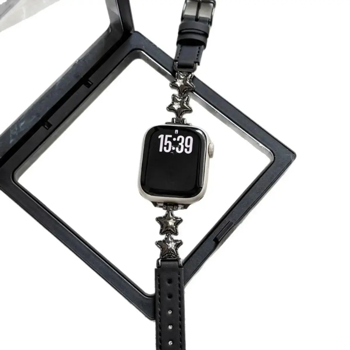 Star Patchwork Faux‑Leather Watch Band, Dainty Rhinestone Star Decor, Trendy Y2K Bling Metal Inlay Replacement Strap, Slim Adjustable Wristband Compatible with Apple Watch, Stylish Women Accessory for Daily Date & Party Outfits (Apple Watch NOT INCLUDED)