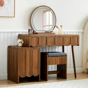 Giratree Vanity Desk with Mirror and Lights, Modern Wood Wave Panel Vanity Desk Set Makeup Table with Drawers and Cabinet, Dressing Table with Storage for Bedroom
